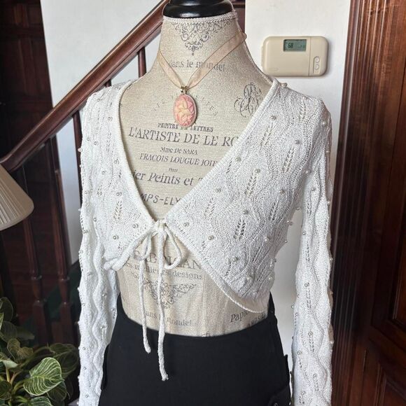 Altard State Brand New with Tags White Crop Cardigan Pearls Lace Bell Sleeve - Picture 2 of 8